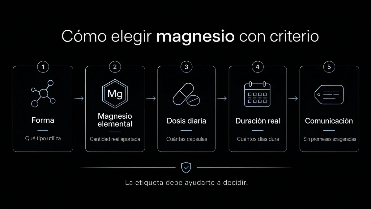 Proceso visual para elegir magnesio revisando forma, elemental, dosis, duración y comunicación