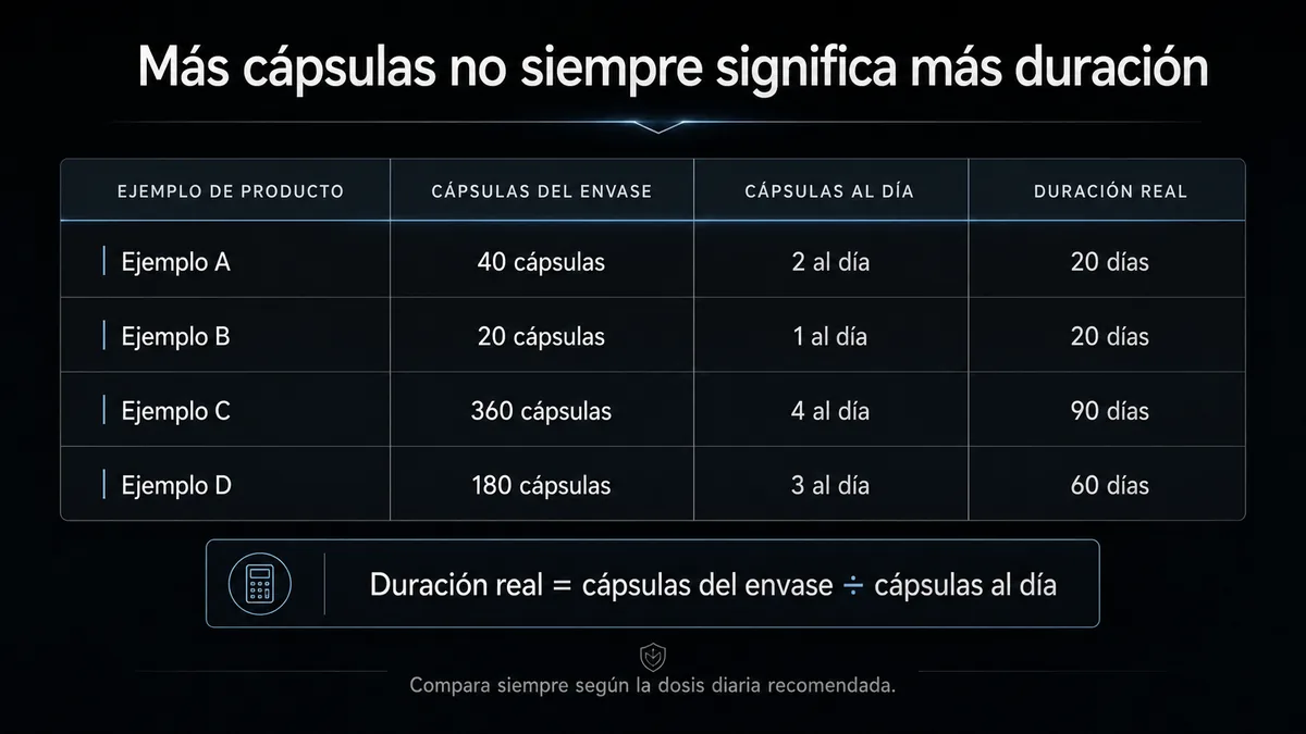 Ejemplo visual para calcular la duración real de un suplemento según cápsulas y dosis diaria