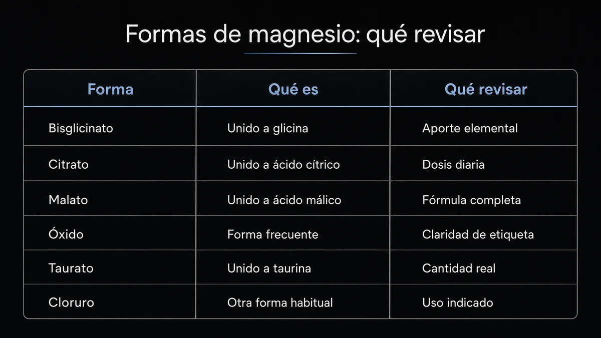 Tabla visual de formas habituales de magnesio y puntos que conviene revisar en la etiqueta
