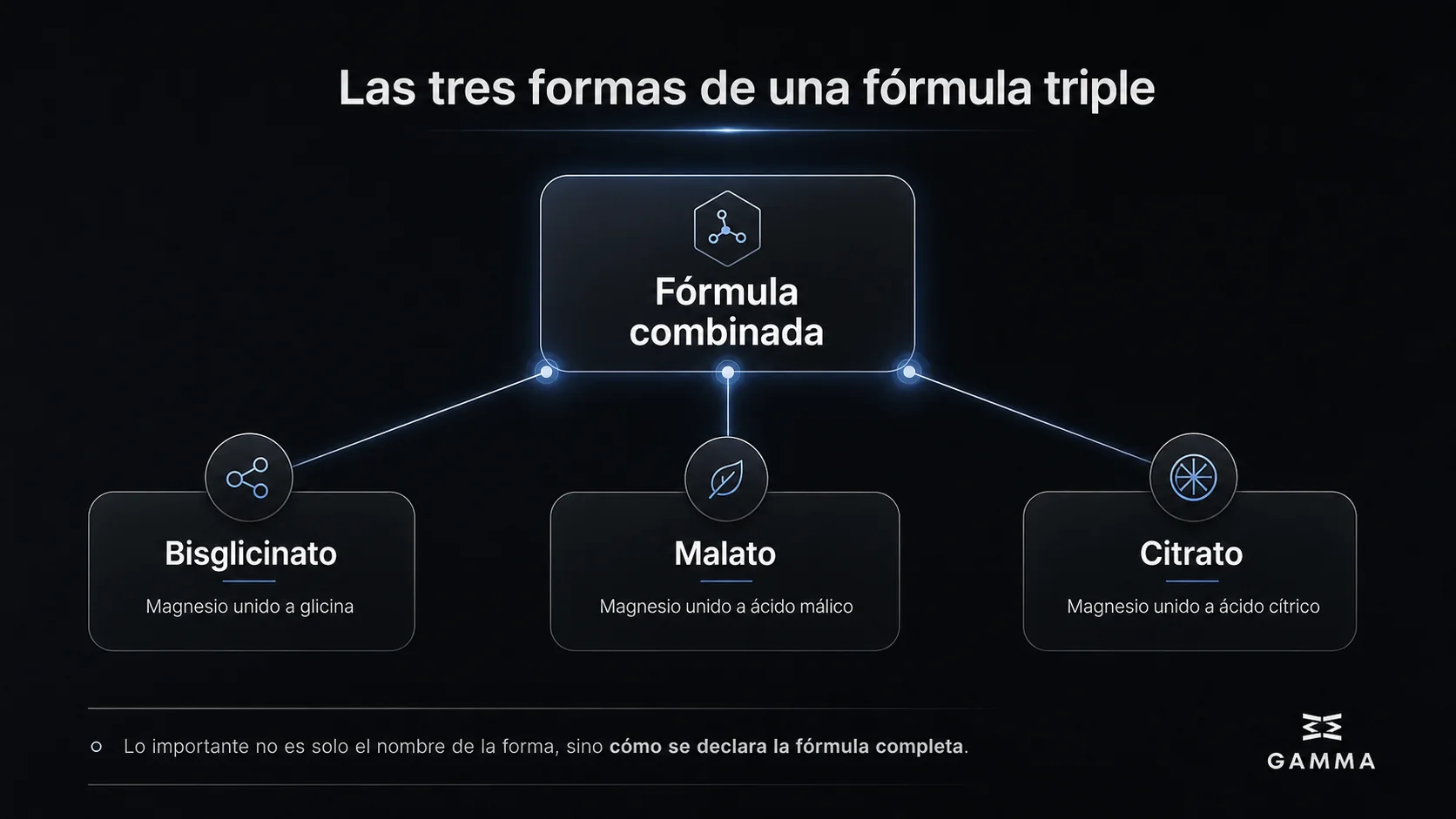 Diagrama de Gamma Health que muestra bisglicinato, malato y citrato dentro de una fórmula combinada de magnesio.