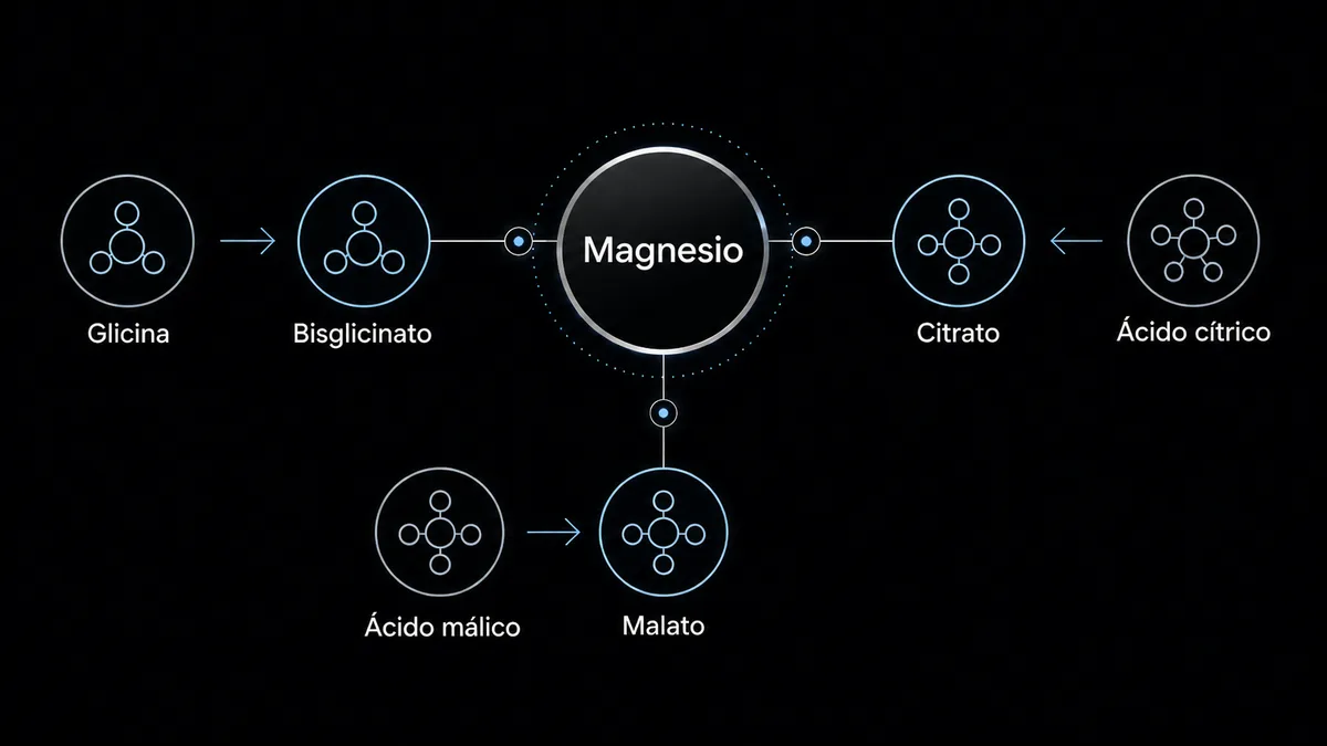 Diagrama visual de distintas formas de magnesio como bisglicinato, citrato y malato
