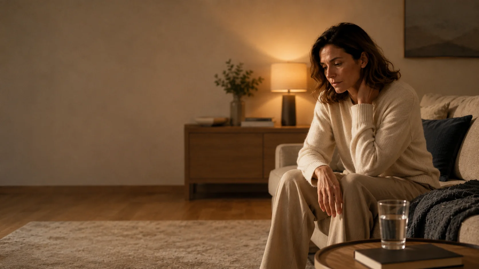 Mujer descansando en casa al final del día en una escena cálida y tranquila.