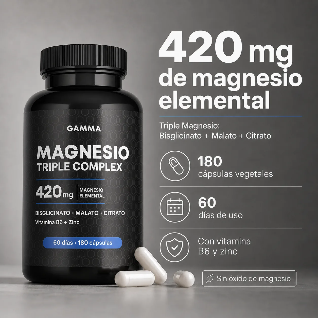 Resumen visual de 420 mg de magnesio elemental, 180 cápsulas y 60 días
